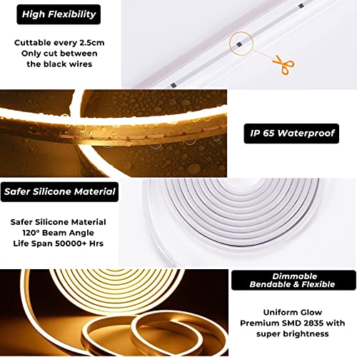 Tkifoda Neon LED Strip Light with Remote and Connector Kit, 16.4ft/5m Waterproof LED Neon Flex, 3000K Silicone Flexible DIY Rope Light for Home, Party, Wedding (No Power Adapter)