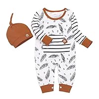 MINKOU Baby Romper,Long Sleeve Leaf Striped Romper with Pocket Clothes Hat Set (100)