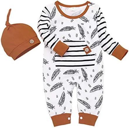 Baby Clothes Set，Infant Baby Girl Boy Feather Striped Romper Jumpsuit with Pocket Clothes Hat Set