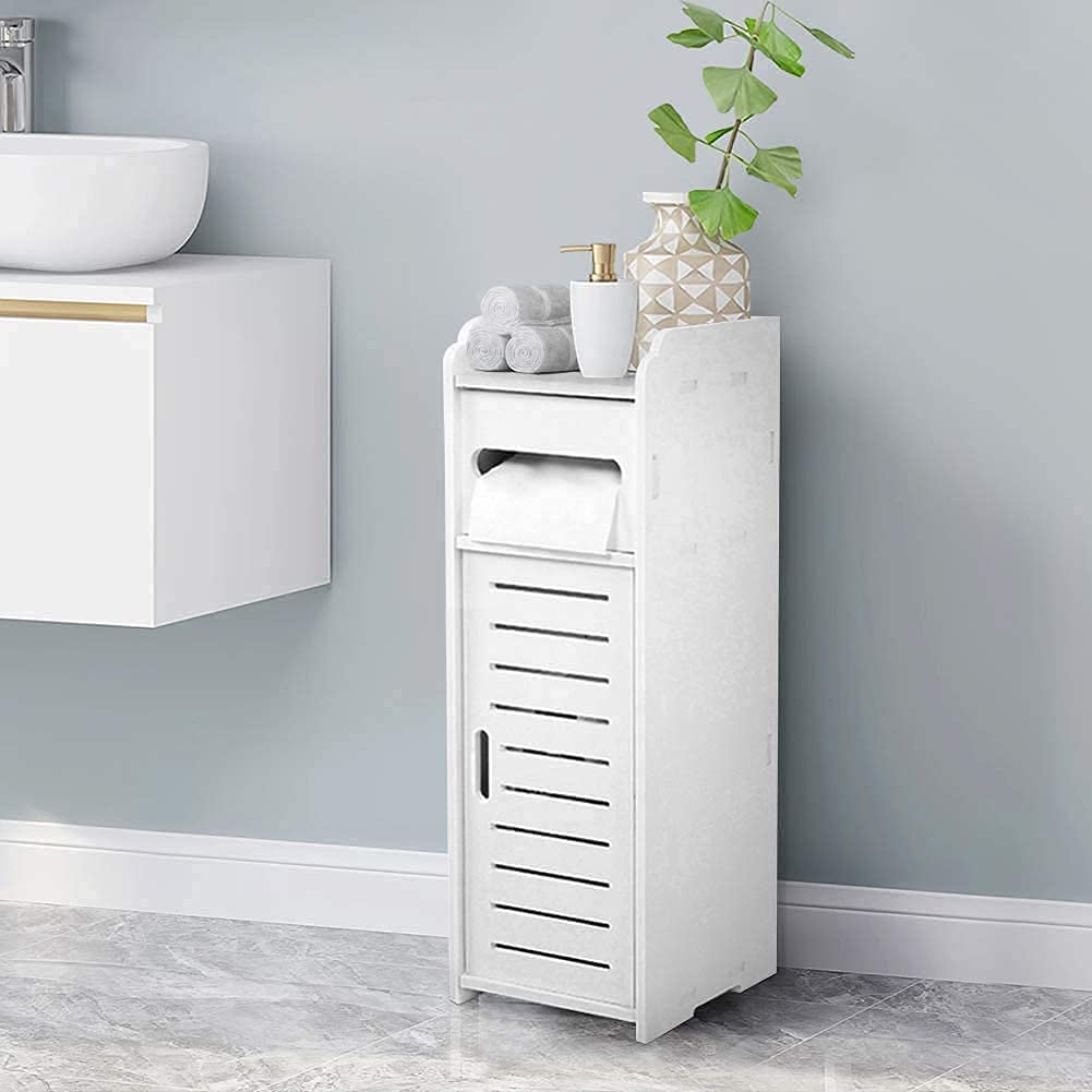 Small Bathroom Cabinet Bathroom Storage Unit White Storage Tower Wooden Cabinet Organizer With Slatted Doors, Freestanding Bathroom Storage Modern Freestanding 80 x 38 x 28 cm