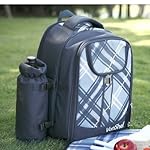 VonShef - 4 Person Blue Tartan Picnic Backpack With Cooler Compartment, Detachable Bottle/Wine Holder, Fleece Blanket, Flatware and Plates