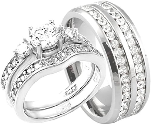 His and Hers Wedding Rings Bridal Engagement Set 3 Piece 925 Sterling Silver and Stainless Steel (His 8 Hers 7)
