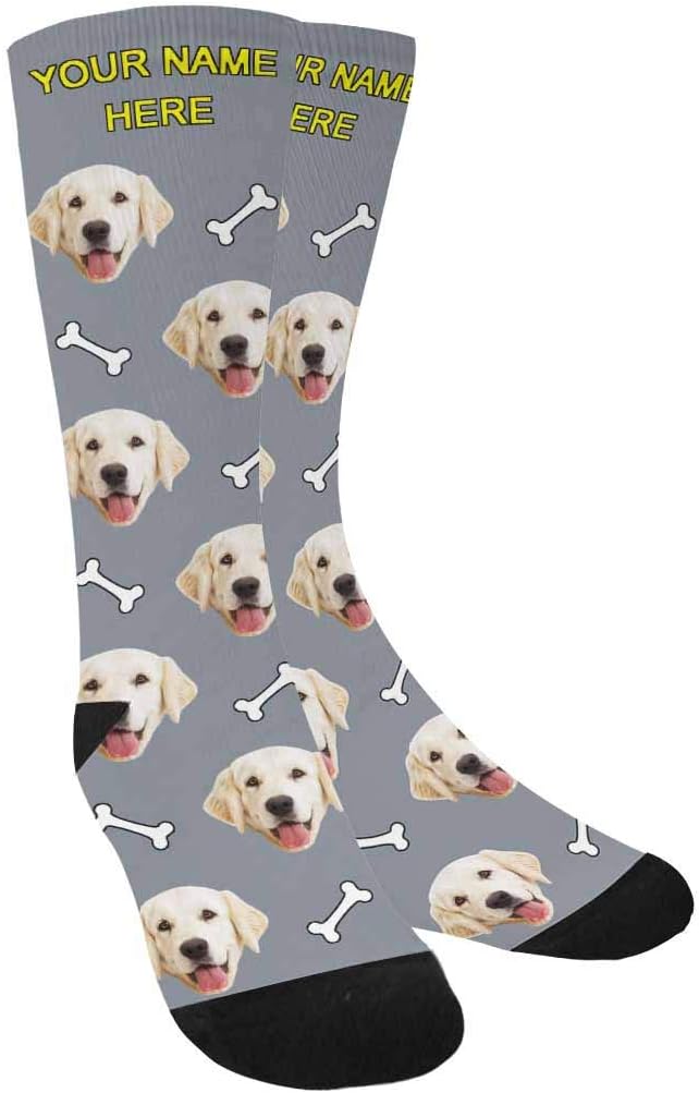 Custom Personalized Photo Pet Face Socks, Cat and Dog Tracks Paws Bones Crew Socks with Picture for Men Women