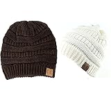 Trendy Warm Chunky Soft Stretch Cable Knit Slouchy Beanie Skully HAT20A (One Size, Gift Set-DarkBrown/ivory)