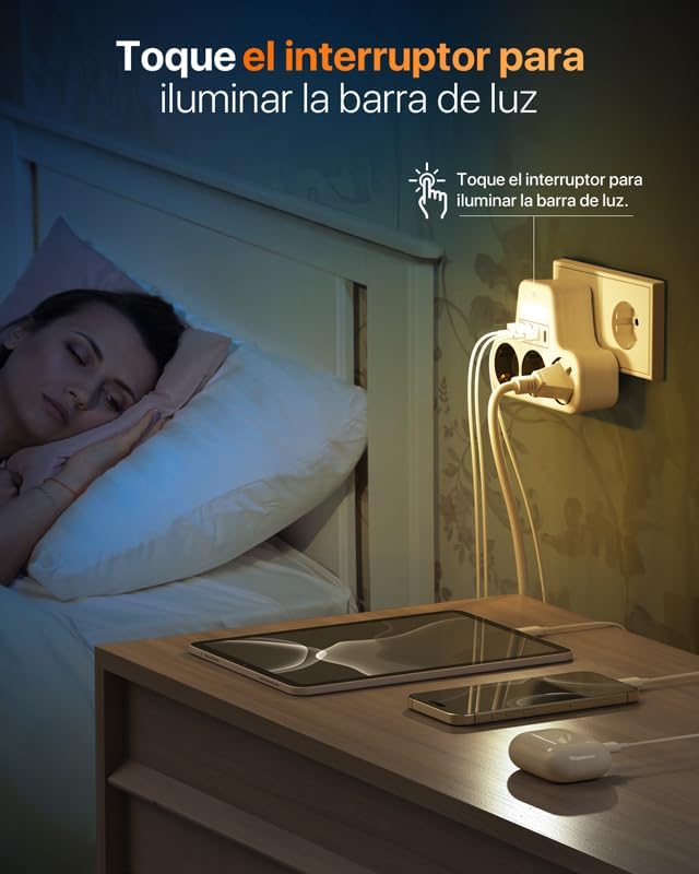 7 en 1 Regletas Enchufes 2 USB, Ladron Enchufes Plano con 2 USB C, 3 Tomas Ladrón Enchufes Multiples con LED, Triple Cargador Multiple 3680W, Regleta Pared para Oficina, Blanco — foto 4 de 8