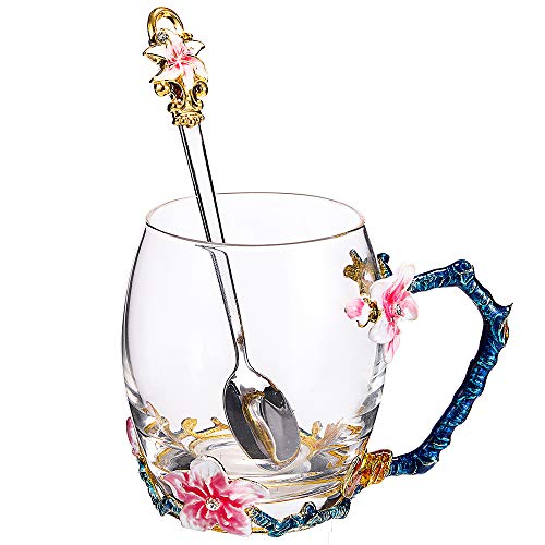 SEMAXE Handmade Glass Cup with Spoon Set and Cloisonne Handle,can be used as Teacup, Coffee Mug, Drinking Cup and Mother's Day, Christmas, Wedding Anniversary, Birthday Gifts(Apricot flower,Pink)