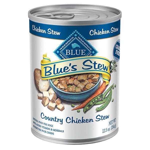 BLUE BUFFALO BLUE’S STEW COUNTRY CHICKEN STEW NATURAL GRAIN FREE WET DOG FOOD WITH REAL CHICKEN, PEAS, CARROTS, & POTATOES IN THICK SAVORY GRAVY, NATURAL INGREDIENTS, 12.5-OZ CANS (12 COUNT)