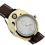 Men Digital LANSIN USB Watch Lighter Golden Metal Frame (White Dial, Brown Band)