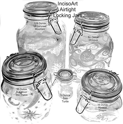 IncisoArt Hand Etched Glass Jar Airtight Canister Sandblasted (Sand Carved) Handmade Engraved Locking Wire Clamp Lid (64 Ounce, Bear Forest Mountains)