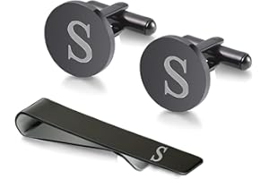 WIGERLON Initial Cufflinks and Tie Clip Set for Men,Stainless steel Letter Cuff Links and Tie Bar Set gift for Father Husband Son Boyfriend