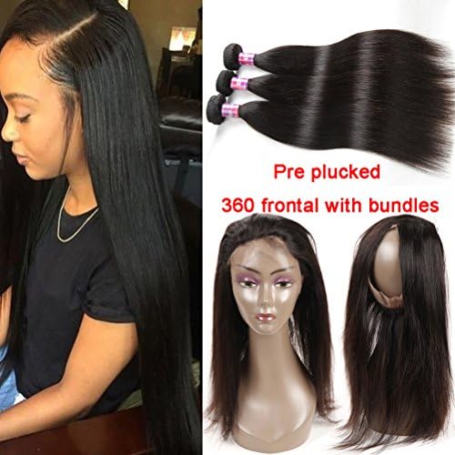 Miss Flower 360 Lace Frontal Closure With Bundles 8A Brazilian Straight Virgin Hair With Closure 3 Bundles Human Hair With 360 Lace Frontal Closure Brazilian Virgin Hair (18 18 18+16 closure)
