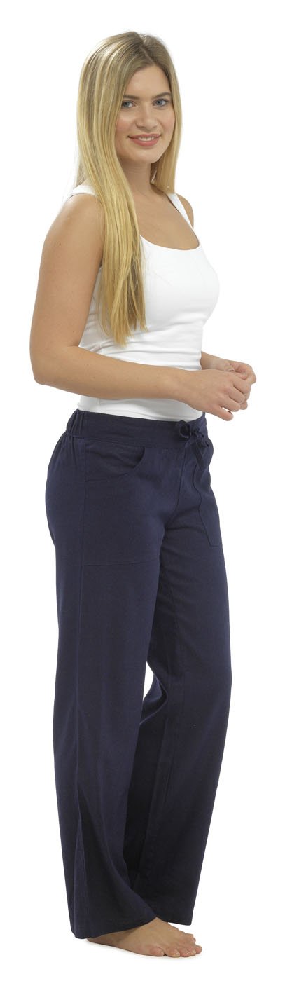 Womens Solid Colour Elasticated Waist Linen Trouser Bottoms Pants Navy 18