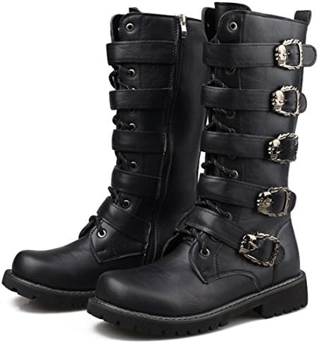 Mens Black Mid Calf Buckle Strap Side Zip Winter Boots 555