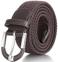 Marino Braided Stretch Belt - Fabric Woven Belt - Casual Weave Elastic Belt for Men and Women - PU Leather Loop and End Tip - Brown - S