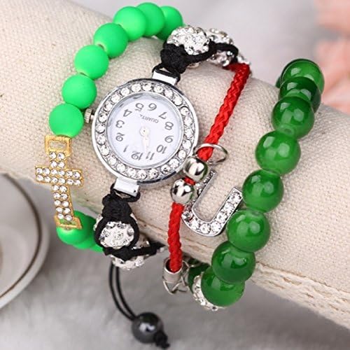 Beaded Round Dail Red String Green Garnet Beads Rounds Long Band Women Vintage Bangle Watch