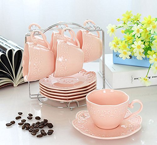 Eglaf Coffee Tea Cup Set Embossed Ceramic (Bone china) and Porcelain Saucers Spoon Bracket 6 - Piece Set (Pink)