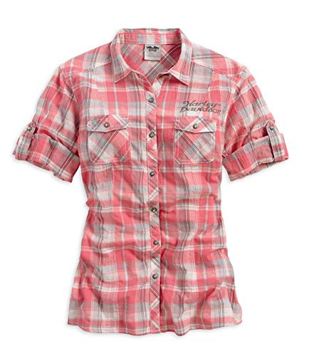 Harley-Davidson Women's S/S Shirt, Flourished Wings Plaid Woven Tee 96116-14VW