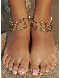 Tobillera de cadena de plata, con colgantes en forma de moneda, estilo bohemio, sandalias para pie descalzo, joyería de cadena.