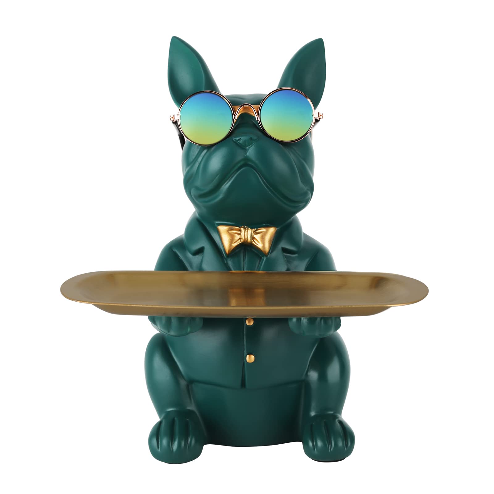 XYQXYQ Multi-Functional Bulldog Statue, Resin Dog Butler Decoration Storage Tray, Creative Cute Dog Storage Tank, Applicable Wallet Key Necklace (Green)