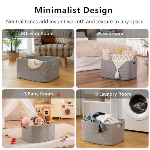 OIAHOMY XXLarge Rectangle Blanket Basket-96L, Cotton Woven Basket for Storage, Dirty Clothes Basket for Living Room, Nursery, Bedroom, Toy Organizing with Handle, 24" x 16" x 15", Grey