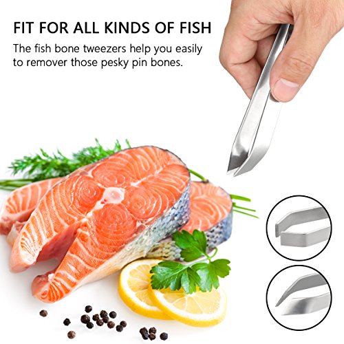4 Pieces Fish Bone Tweezers Set, Two 4.6" Stainless Steel Tweezer and Two 5.5" Tongs for Cooking Food Design styling. - Thumbnail 4