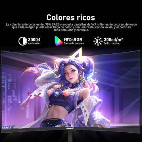 Panel de 27 Pulgadas, Monitor de computadora Curvo Gaming 1800R 250Hz, FHD 1080p 1ms, Freesync, 98% sRGB, Altavoces Integrados, HDMI 2.0, DisplayPort, Compatible con Montaje en Pared - Negro