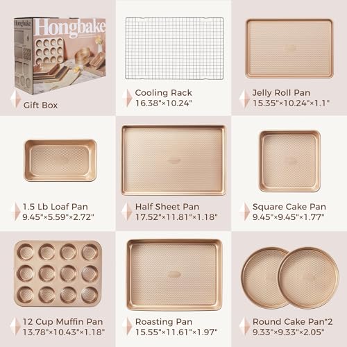 HONGBAKE 9-Piece Baking Pans Set Nonstick, Stackable Non Toxic Bakeware Sets with Diamond Texture, Oven Pan Set for Cooking, Includes Cookie Sheet with Rack, Cake Pan, Roasting Pan, Muffin Tin, Gold