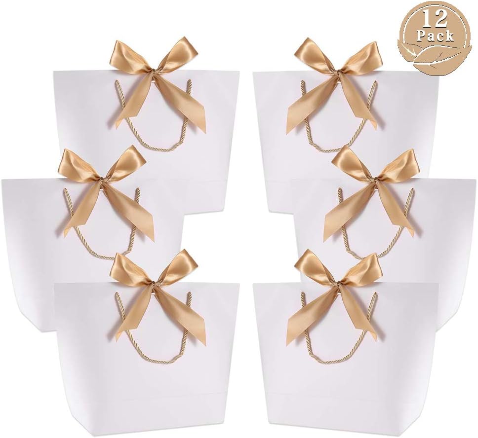 Newthinking Paper Party Bags, 12 Pcs Gift Bags with Handles and Bow Ribbon , Present Favor Bags for Birthday, Wedding, Party Favour, Baby Shower, Present Wrap (White)