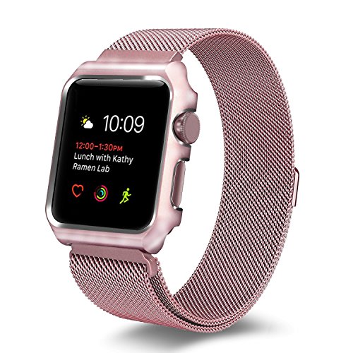 AHXLL Apple Watch Mesh Milanese Loop stainless Steel Replacement iWatch + Metal Protective case for Apple Watch Series 3, Series 2, Series 1, Sport& Edition (Rose Gold, 42MM)