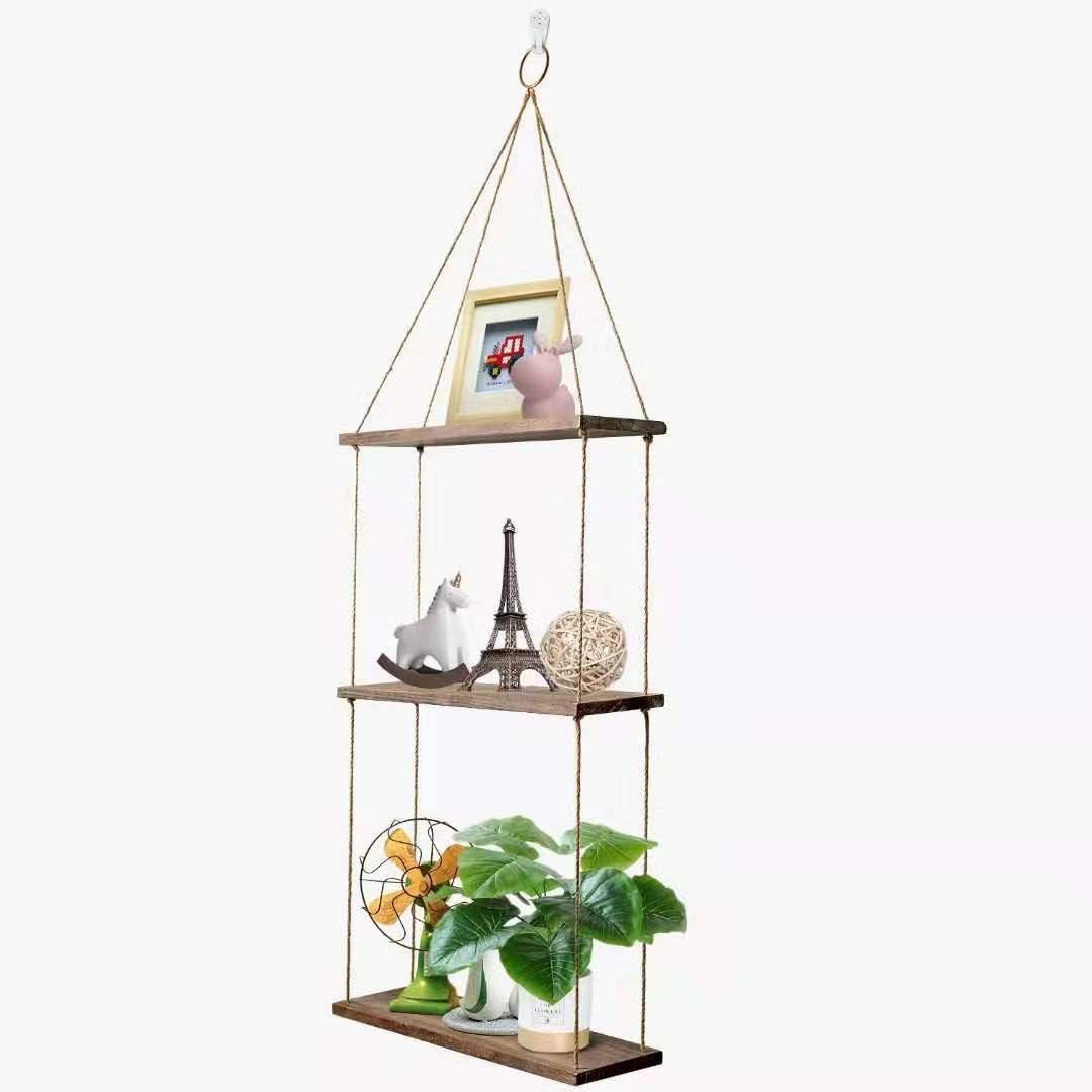 Wallinton 3 Tier Wood Hanging Shelf Swing Storage Shelves Wall Floating Plant Hanger Display Decorative Flower Pot Holder Boho Bohemian Home Decor for Small Plants (17 x 5.5 Inch)