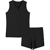 Latuza Women's Bamboo Viscose Button Up Pajama Tank Top and Shorts Lounge Set