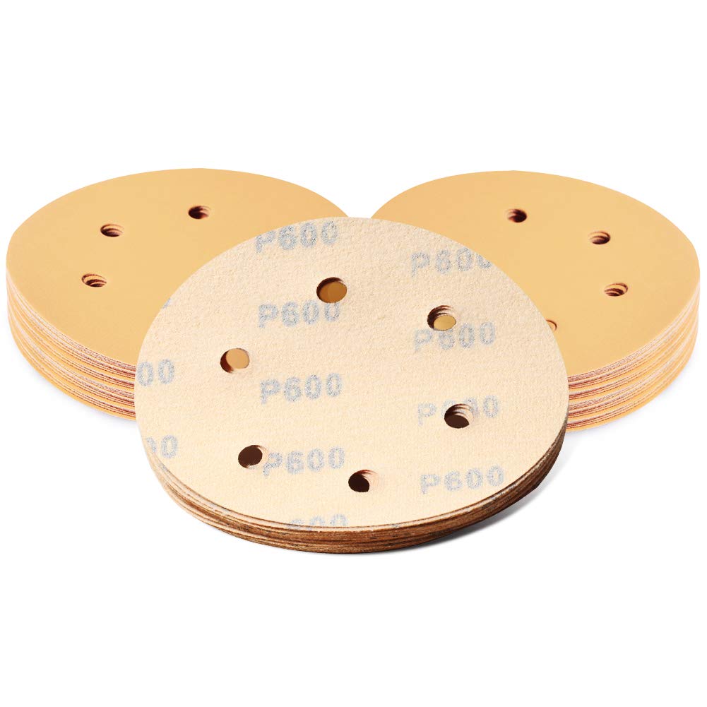 SPEEDWOX 50 Pcs Sanding Discs 6 Inches 600 Grit 6 Hole Hook and Loop Sandpaper Dustless Fit for Random Orbital Sander Assortment Yellow Finishing Discs for Automotive Woodworking