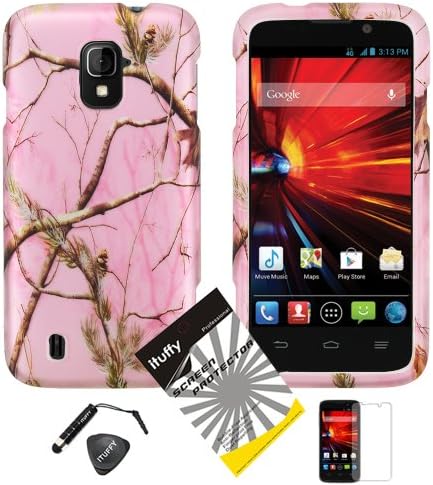 4 items Combo: Mini Stylus Pen + LCD Screen Protector Film + Case Opener + Silver Pink Pine Tree Leaves Camouflage Outdoor Wildlife Design Rubberized Snap on Hard Shell Cover Faceplate Skin Phone Case for ZTE Majesty / Z796c - StraightTalk