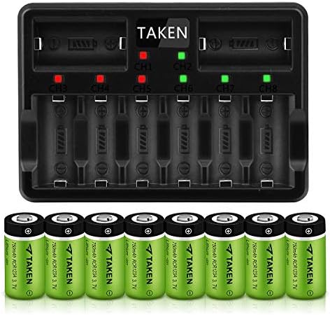 Taken CR123A Rechargeable Batteries, 3.7V 750mA Li-ion Rechargeable Batteries for Arlo Camera (VMC3030/VMK3200/VMS3330/3430/3530), 8 Pack CR123A Batteries with 8-Ports Charger (8 Pack with Charger)