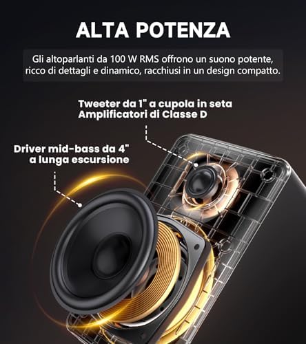 Diffusori da scaffale M90, scrivania 100 W RMS, audio alta risoluzione, LDAC, Bluetooth 6.0, ingressi HDMI eARC/ottico/USB-C/AUX, amplificati con uscita SUB OUT, telecomando per TV/PC-Nero