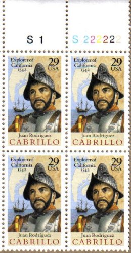 1992 JUAN R CABRILLO ~ CALIFORNIA EXPLORER #2704 Plate Block of 4 x 29 cents US Postage Stamps