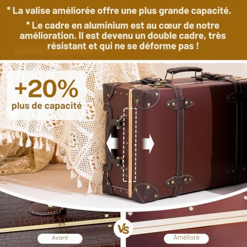urecity Vintage Suitcase with Wheels, Travel Suitcase, Light, Retro, Rigid, 2 Pieces with Small 30 cm Bag, Caramel Brown, S(12")+L(26"), Vintage