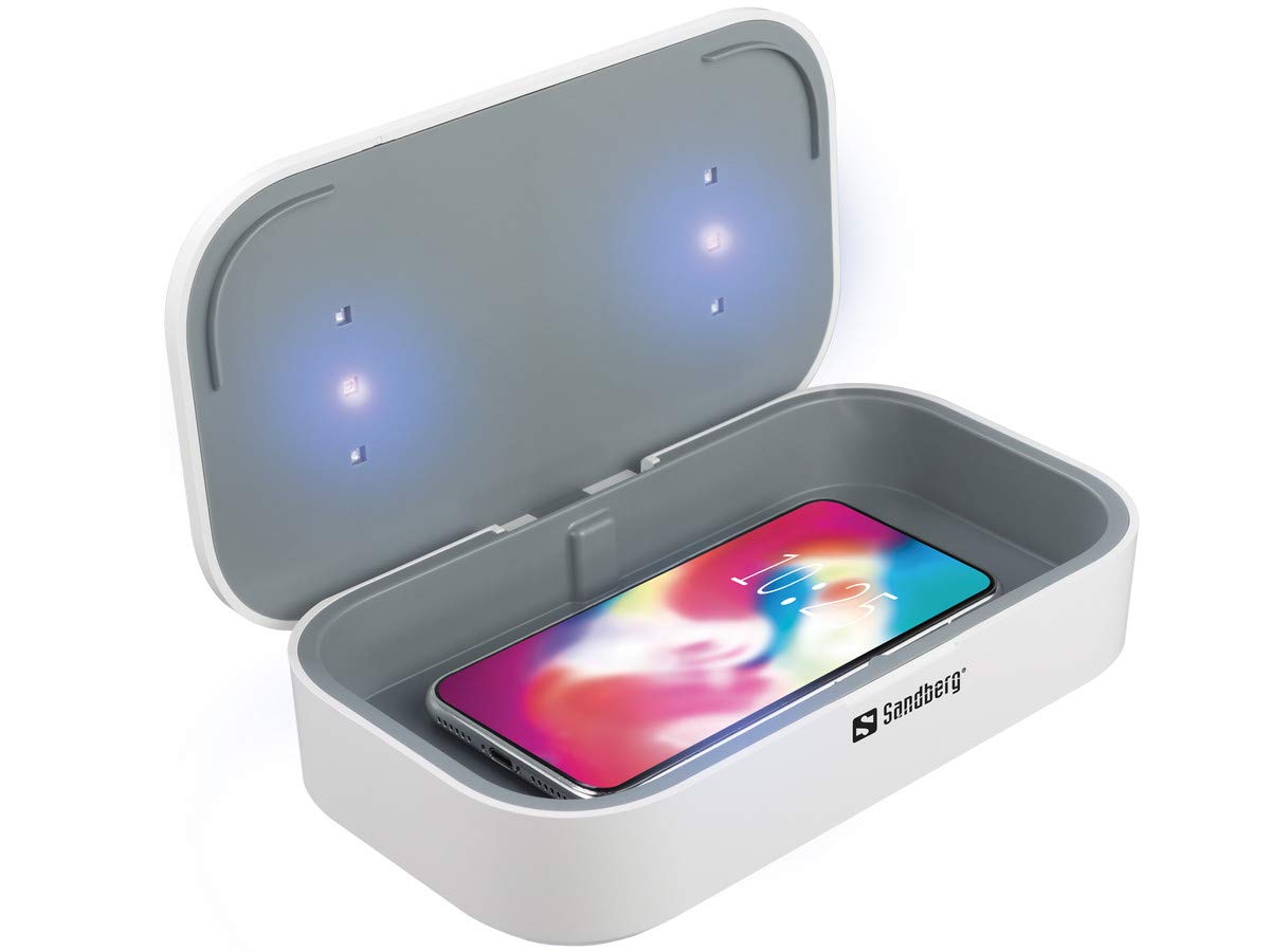 Sandberg (470-31 USB UV Sterilizer with Built-in 10W Qi Compatible Wireless Charger, 360° UV Disinfection, Kills up to 99% Bacteria/Viruses, 5 Year Warranty