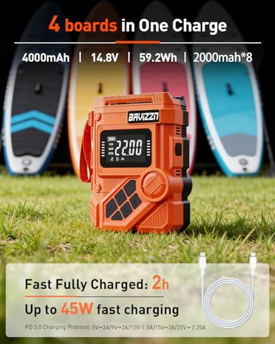 BAVIZZN 22Psi Rechargeable Sup Pump 59.2WH Paddle Board Electric Pump | Type C Line Inflator And Deflator 12v Dc For Paddle Board,Boat,Kayaks,Water Sports