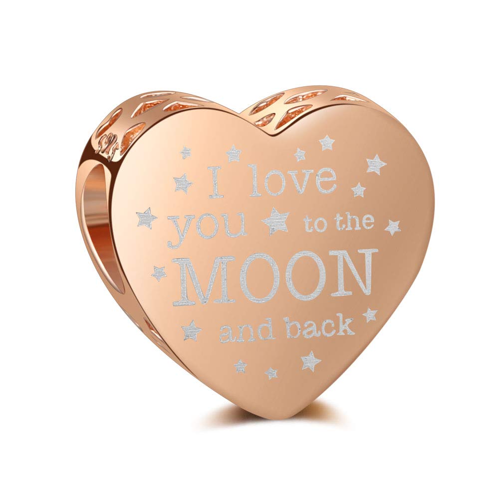 LaMenars Heart Charms I Love You To The Moon & Back Real 925 Sterling Rose Gold Silver Bead Charm Fits European Bracelets & Necklaces (I Love You To The Moon & Back Rose Gold)