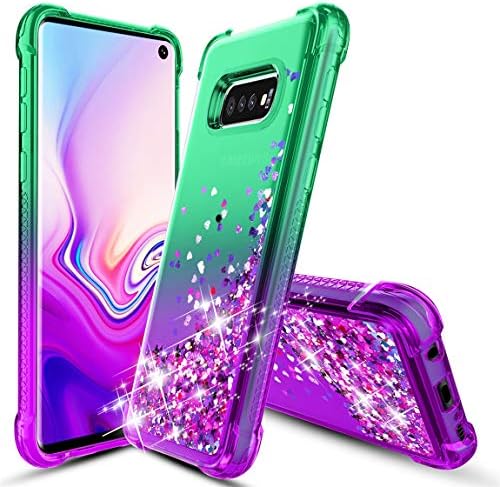 Phone Case for Samsung Galaxy S10E/ Galaxy S10 E (2019), Gradient Quicksand Floating Four Reinforced Corners TPU Bumper Cushion Protective Shockproof Phone Cover for Girls Women 5.8 Inch, Mint/Purple