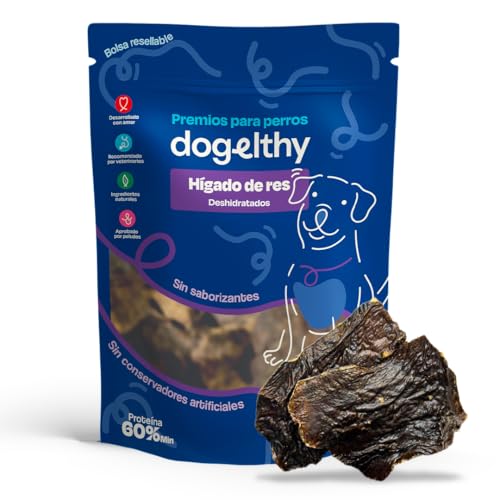 Dogelthy Higado de Res Deshidratado. Premio para Perros 100% Natural sin Conservadores ni Saborizantes Artificiales. Snacks para Perro. Treats para Perros Cachorros, Adultos y Senior 100 Gramos.