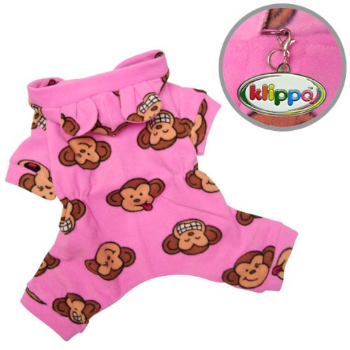 Adorable Silly Monkey Fleece Dog Pajamas / Bodysuit with Hood Size: X-Large, Color: Pink