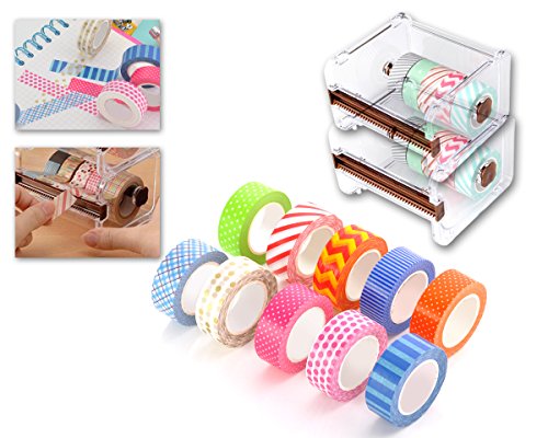 Ace Select 10M Washi Masking Tape DIY Sticker 10 Rolls with 2 Pcs 1 Layer Transparent Desktop Tapes Cutter Dispenser Storage Case, Roll Tape Holder