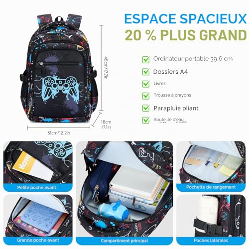 Amythe Boys' Primary School Bag – Luminous Night Light School Backpack with Compartment 15.6 Inches Pc, Ergonomic, Large Waterproof Leisure School Bag for Teens 9-16 Years