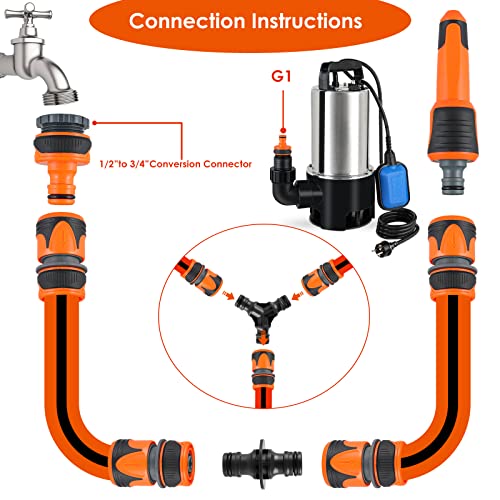 Garden Hose Connector Kit, Pack of 12 Hose Connectors, Hose Connection Including 1/2 Inch to 3/4 Inch Adapter, Tap Connection G1, Quick Coupling 1/2 Inch, Double Plug, Y Splitter and Water Nozzle