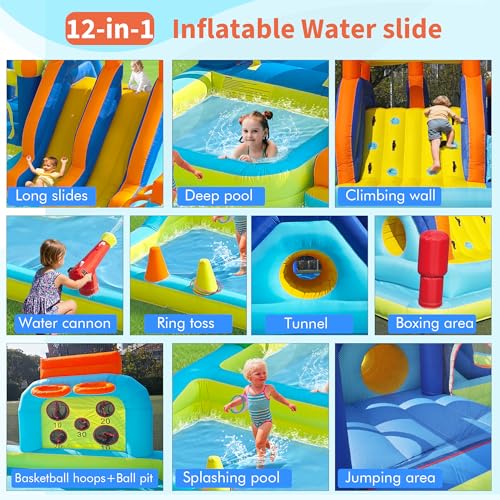 HIJOFUN Blow Up Water Slides Two Long Slides Jumping Bouncy Castle for Kids Outdoor Inflatable Bounce House with 680W Blower for Kids Backyard