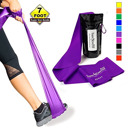 SUPER EXERCISE BAND Heavy PURPLE Resistance Band. Your Home Gym Fitness Equipment Kit for Strength Training, Physical Therapy, Yoga, Pilates, Chair Workout | LATEX FREE For ALLERGIC SAFETY | 7 ft