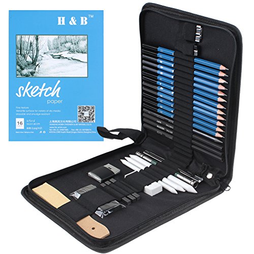33 Piece Professional Art Kit Drawing Pencils with Sketch Kit, Charcoal Pencils, Graphite Pencils, Erasers and Free Sketchpad with Kit Bag