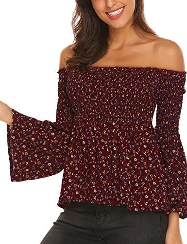 Pasttry Women's Off Shoulder Bell Puff Long Sleeve Floral Print Tops Blouse Flowy Shirts